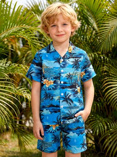 Image of DAXIANG Boys 2 Piece Hawaiian Outfit Summer Button Down Shirt and Pocket Short Sets Beach Vacation Clothes for Kid Size 3-10