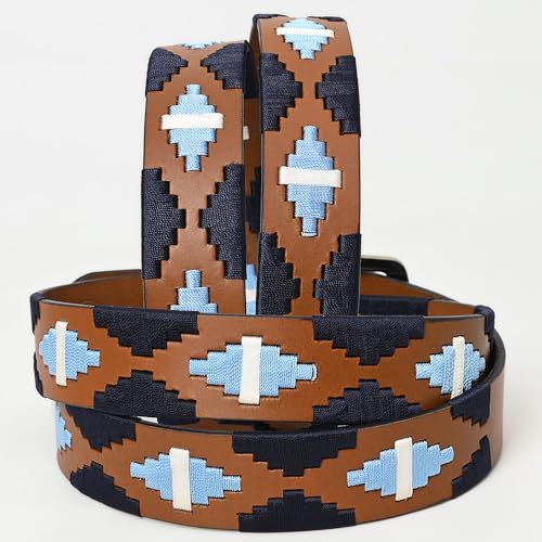 Western Brown Full Grain Genuine Leather Men & Women Belt Embroidered Black Light Blue & White Removable Buckle2