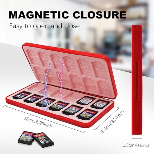 Image of FYY Nintendo Switch Game Case Holder for Switch 2 Cartridge Case with 24 Game Card Slots & 48 Micro SD Card Slots, Hard Shell, Silicone Lining Heart Pattern Red