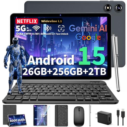 Image of 2026 10 Inch Tablet, Gemini AI Android 15 Tablet with Keyboard, 26B+256GB+2TB Expand, Electronic Tablets PC with Octa-Core, 8000mAh, 5G WiFi, GPS, GMS, 2 in 1 Tablet with Case, Mouse, Stylus(Silver)