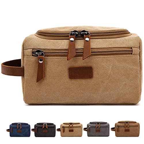 Men's Toiletry Bag Canvas Shaving Dopp Kit Travel Bathroom Bags Organizer (Khaki)