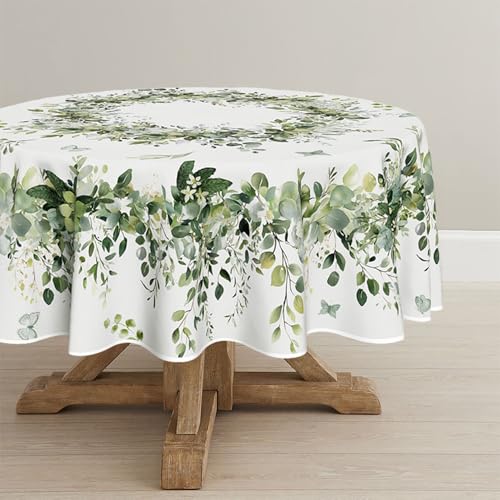 Image of Horaldaily Spring Tablecloth 70 x 70 Inch Round Green Eucalyptus Seasonal | Washable Table Cover for Party Picnic Dinner Decor