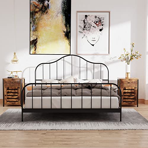 Giantex Nightstand, End Table W/Drawer & Shutter Door, Side Table W/Adjustable Shelf, Industrial Bedside Table W/Metal Frame, Retro Storage Cabinet For Home Bedroom Living Room, Rustic Brown #TOP7