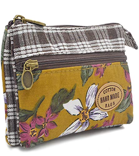 Women Small Zipper Coin Purse - Handmade Fabric Flower Embroidered Change Pouch - Cotton Double Zipper Wallet #TOP1