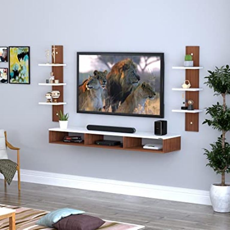 Image of Wooden TV Stand with Side Storage Cabinets | Floor Standing Entertainment Console (Natural Finish)