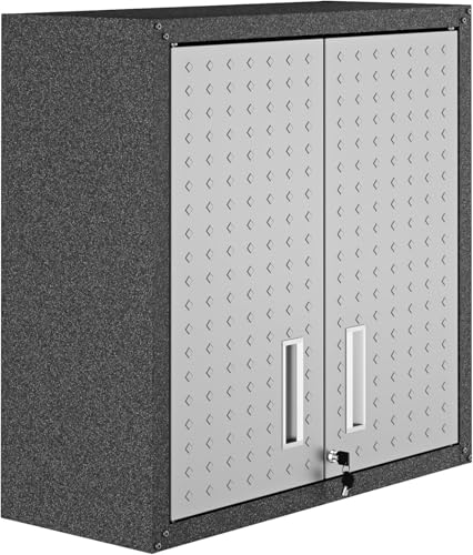 Image of Manhattan Comfort Fortress 30 inch Floating Garage Storage Cabinet Set of 2, Lockable, Adjustable Shelves, Recessed Handles, Steel Wall Mounted Utility Cabinet for Workshop, Garage, Basement in Grey /Black