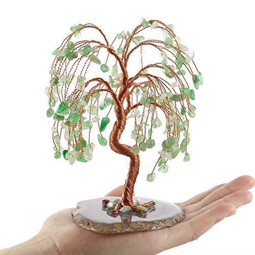 Top Plaza Green Aventurine Chakra Healing Crystals Copper Money Tree Wrapped On Natural Agate Slices Geode Base Lucky Reiki Feng Shui Figurine Statue