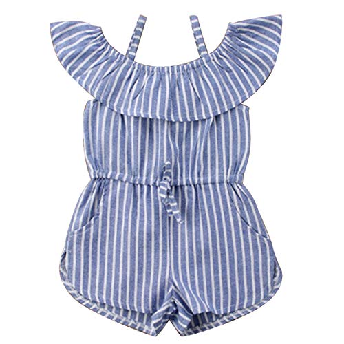 Toddler Little Girl Off Shoulder Ruffle Pocket Demin Romper Jumpsuit Clothes Set Blue