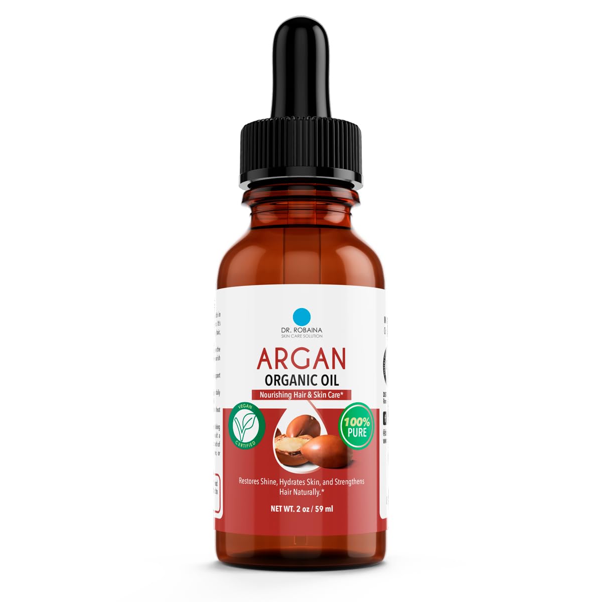 Dr. Robaina Pure Moroccan Argan Oil 2 fl oz – Cold-Pressed, Small-Batch & Nitrogen-Sealed – Fast-Absorbing Hair & Skin Moisturizer, Anti-Frizz Serum, Beard & Nail Treatment – Hexane-Free, Made in USA