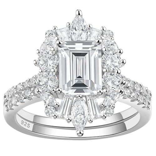 Blongme 3 CT Vintage Emerald Cut Wedding Ring Set Engagement