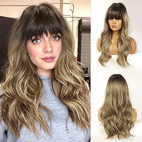 Vigorous Long Wavy Wigs with Bangs Natural Looking Ombre Brown Blonde Wig for Women Synthetic Heat Resistant Fiber Wig for Daily Party Use