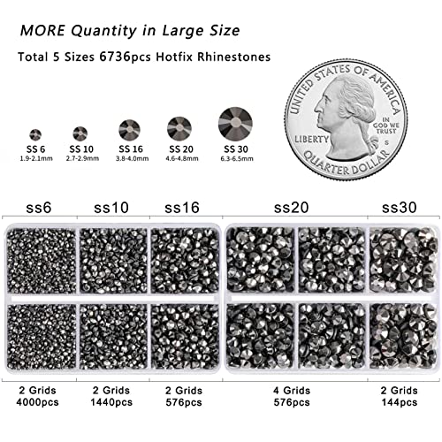 Image of 6736pcs Hotfix Rhinestones Flatback,Hematite Rhinestones for Crafts Clothes Mixed 5 Sizes, Hotfix Crystals with Tweezers and Wax Pencil Kit, SS6-SS30,Hematite