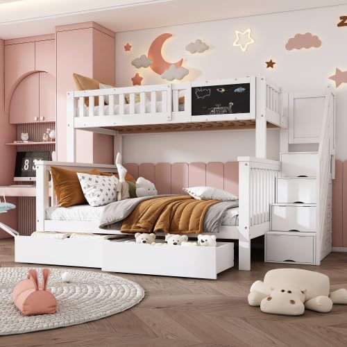 Merax Kinder-Etagenbett 90x200+140x200 cm mit Tafel, Schubladen, Treppe und Sicherheitsgeländer, Multifunktionales Hochbett, Weiß, Massivholz