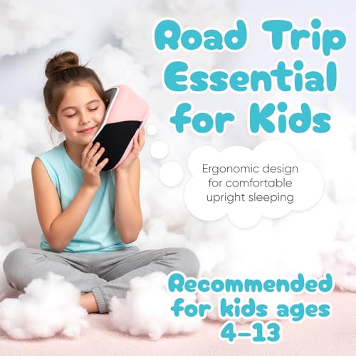 Image of Proglobe Junior Kids Travel Neck Pillow - Ergonomic Memory Foam Pillow for Airplane, Car, Booster Seat - Soft, Washable, Compact Travel Pillow with Strap - Light Pink - Ages 4-13
