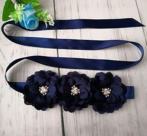 Oyabridal Flower Girl Sash Belt For Dresses Bride/Bridesmaid Sash Belts Flower Pearls Sashes For Wedding Dress (Navy) #TOP3