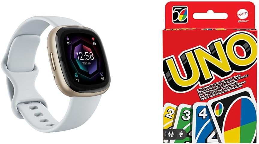 Fitbit Sense 2 Health and Fitness Smartwatch with built-in GPS, advanced health features& Mattel Games UNO, Classic Card Game for Kids and Adults for Family Game Night