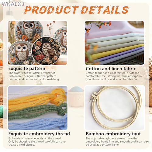 WKALXJ 4 Sets Owl Embroidery Kit - 8.2" Hoops, Embroidery Kit for Beginners to Advanced, Cross Stitch Kits, Needlepoint Kits with Instruction, Video, Needle Point Kits (Advanced Owl)