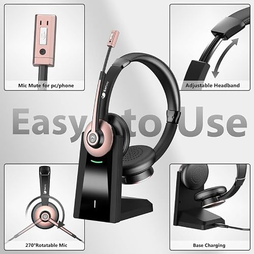 Wireless Headset with Microphone - Bluetooth Headset with Mic Noise Canceling & Mute, Wireless Headphones with USB Dongle/Charging Dock for Laptop Computer Phone Work Office Teams Conference Call