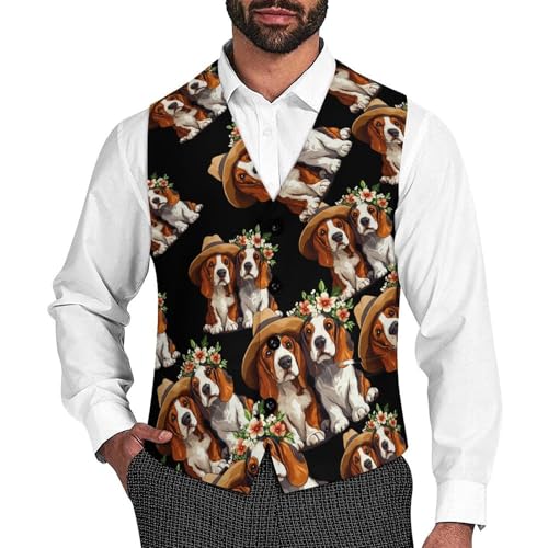 Basset Hounds Men's Suit Vests Dress Vest V-Neck Waistcoat Slim Business Formal with Pocket