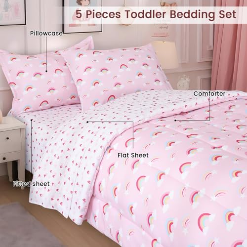 Image of david's kids 5 Piece Twin Comforter Set - Soft Breathable Bedding Twin Set for Girls, Includes Quilted Comforter, Flat Sheet, Fitted Sheet, Pillowcase and Pillowsham, Rainbow