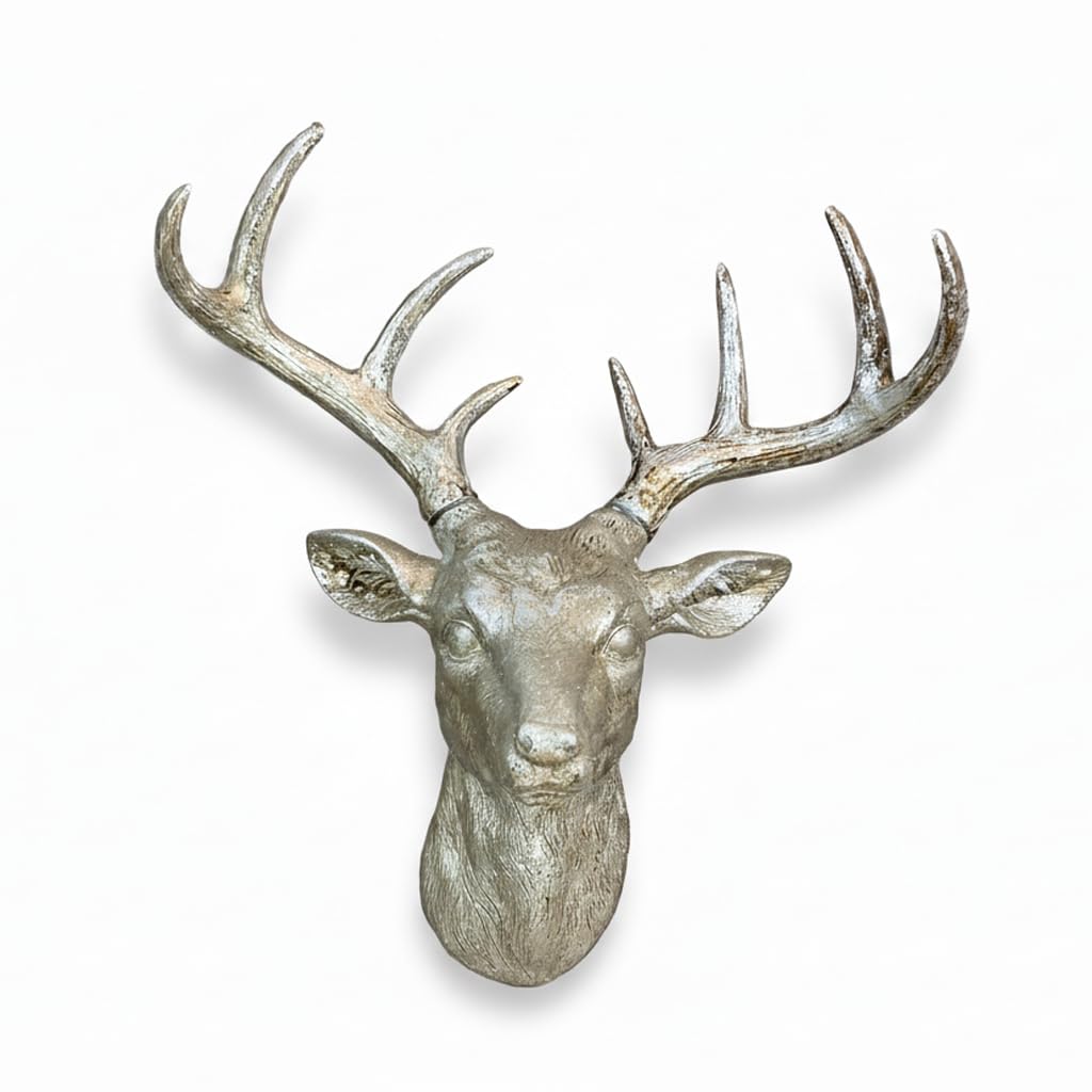 Small Stag Head Wall Mount Sculpture, Large Antler Deer Hanging Animal Head Ornament Figure Art Décor Resin Distressed Finish, Wildlife Indoor Outdoor Decorative Accessories (Silver Stag Head)