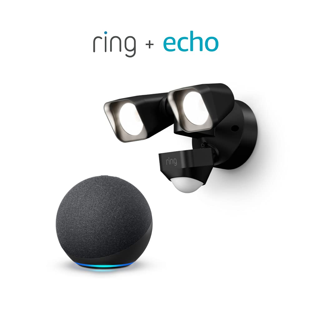 Ring Smart Lighting – Floodlight, Wired, Outdoor Motion-Sensor Security Light, Black + Echo (4th Gen) - Charcoal