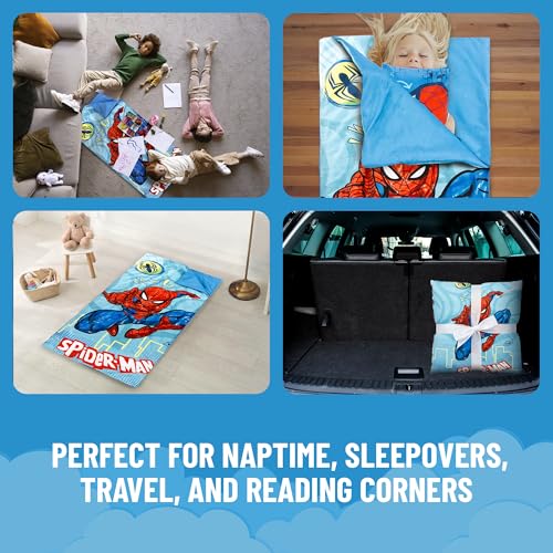 Image of Jay Franco Kids Slumber Bag and Pillow - 54 x 27 Inch Comfy Indoor Sleeping Bag for School and Sleepovers, 2 Piece Set, Blue - Spiderman