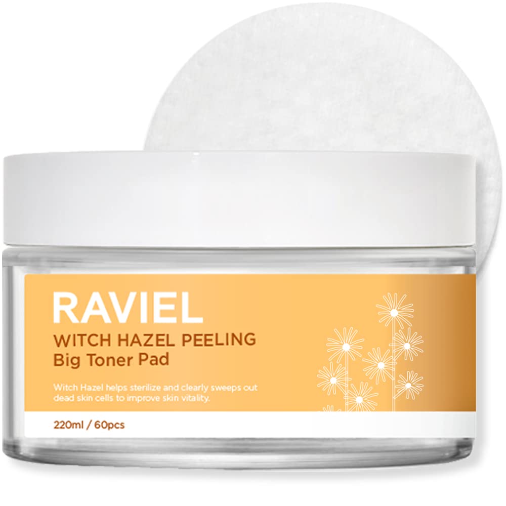 RAVIELWitch Hazel Big Size Peeling Toner Pad, Exfoliating & Blackhead Remover, AHA BHA PHA 3 Layer Exfoliation, Deep Hydration, Moisturizing (7.43 fl oz, 60 Pads)