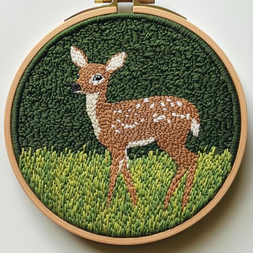 Image of Punch Needle Kit for Beginners, Sika Deer and Grass Embroidery Set, Punch Stitching Kit for Adults