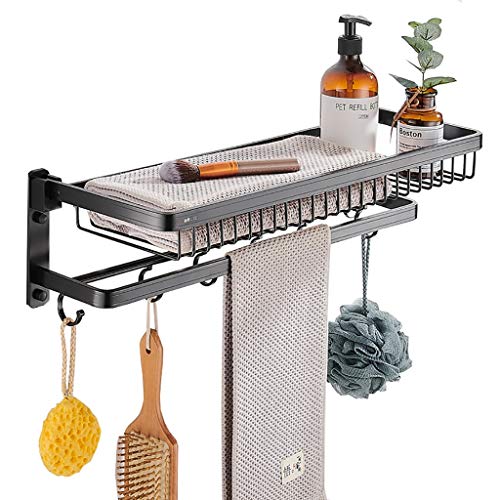 Porte-serviettes mural pliable noir 60cm en aluminium avec crochets mobiles