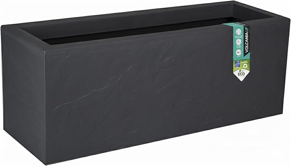 EDA - Balconnière Volcania'Up 25 L - Décor Imitation Pierre - Simple Paroi avec Colerette Trompe-l'oeil - Zone de Rétention d'eau pour Limiter l'Arrosage - 59 x 19,5 x 22,8 cm - Gris Anthracite - 1