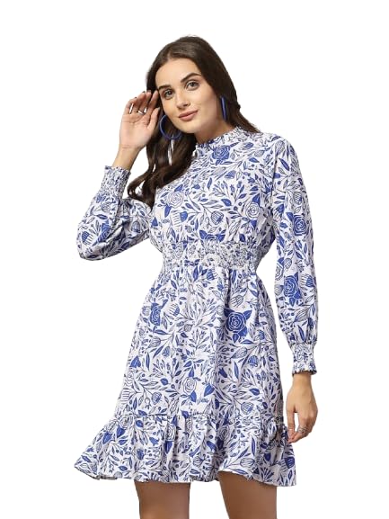 Robe imprimée fleurs bleues en polycrêpe fluide anti-froissement pour femme active