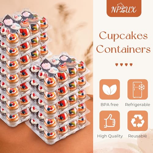 NPLUX 12 Count Cupcake Containers 20 Pack Cupcake Holders with Detachable Tall Dome Lids Clear Plastic Stackable Cupcake Boxes for 240 Cupcakes, BPA Free, Standard Size by NPLUX - Image 2
