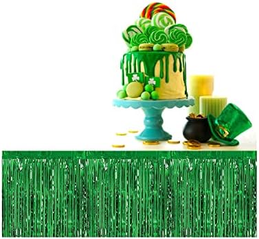 2 Pack Green Fringe Table Skirt 29x108 inch Tinsel Desk Skirts for Rectangle Tables with 2 Roll Masking Tapes for St. Patrick's Day Mardi Gras Kids Dinosaur Birthday Party Table Decorations