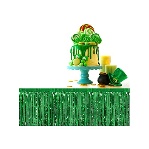 2 Pack Green Fringe Table Skirt 29X108 Inch Tinsel Desk Skirts For Rectangle Tables With 2 Roll Masking Tapes For St. Patrick's Day Mardi Gras Kids Dinosaur Birthday Party Table Decorations #TOP1