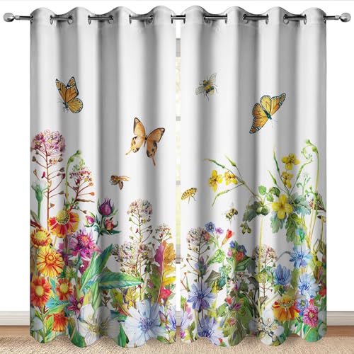 MissHope Spring Flowers Floral Blackout Curtains Colorful Wildflower Botanical Butterfly Bee Green Plant Leaves Decor for Home Bedroom Living Room Grommet Window Drapes 2 Panels, 52x84 Inch
