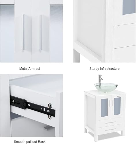 Miniatura 10 de eclife Combo de tocador y lavabo de baño de 24 pulgadas, blanco pequeño, con fregadero cuadrado de cerámica blanca y grifo de ahorro de agua de 1.5