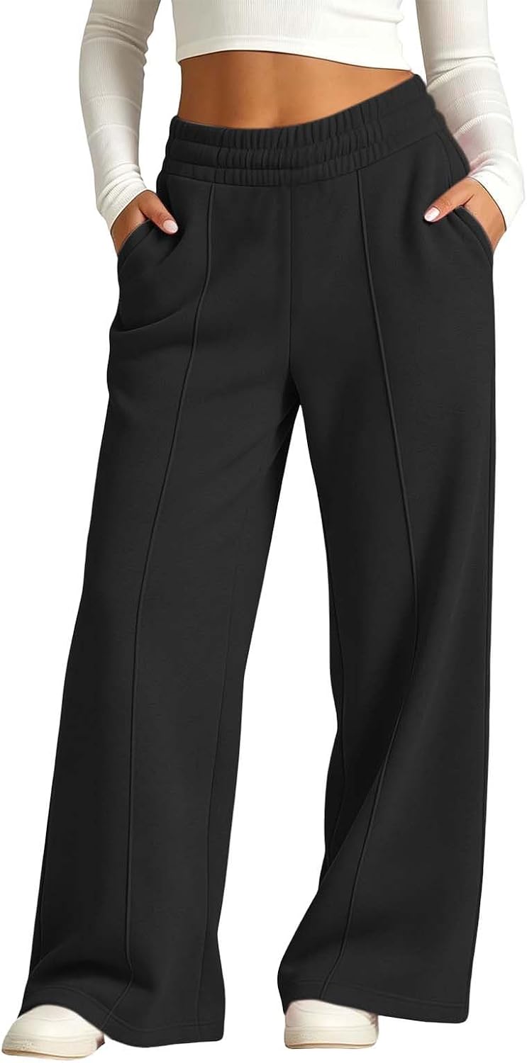 Girls Jogger Pants Pull on High Rise Sweatpants Wide Leg Open Bottom | Stretchy Waistband, Front Seam, Flowing Wide Leg, Cozy Fleece Inside, Minimalist Style, School Weekend Daily Casual