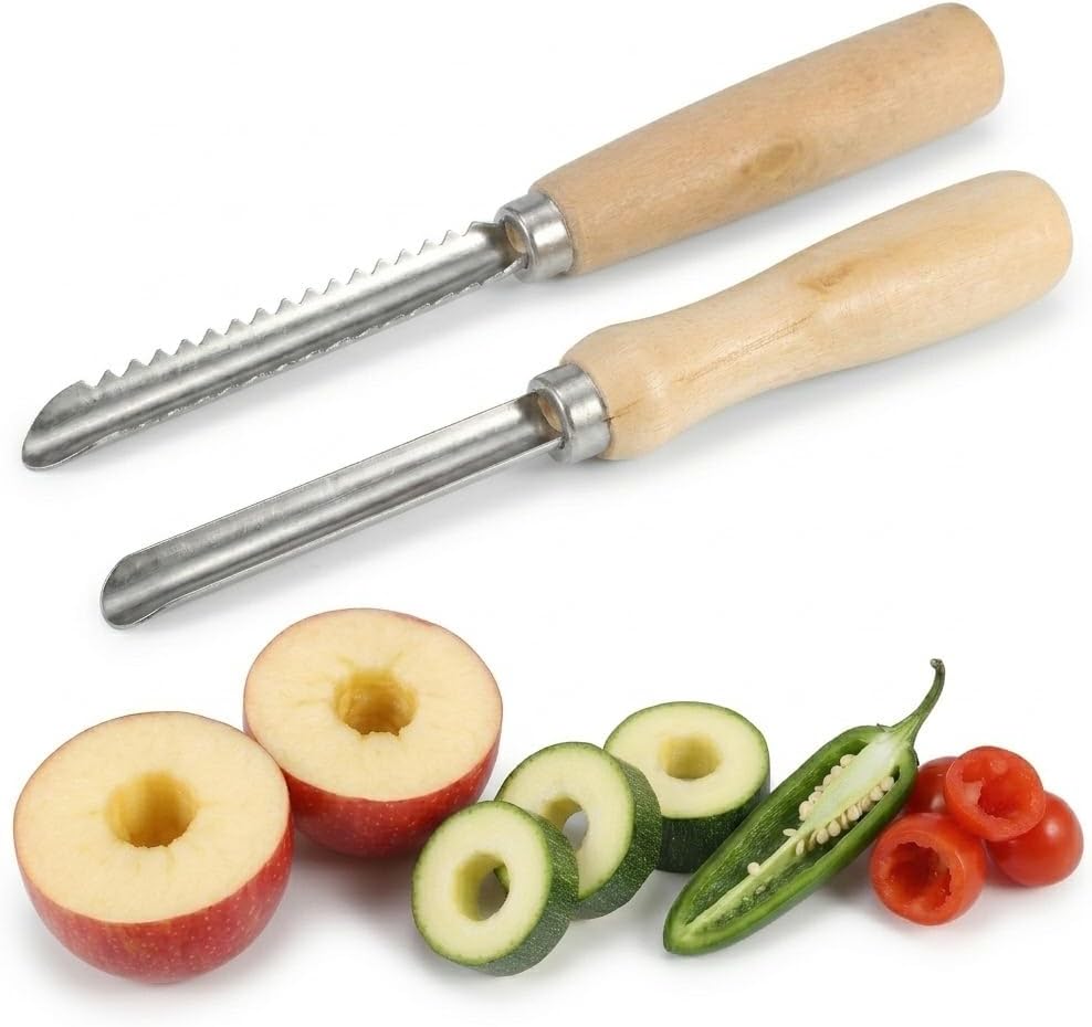 Cabilock 2-Piece Stainless Steel Jalapeno Corer & Zucchini Corer Tool Set - Heavy Duty Pepper Core Remover with Serrated & Smooth Blades - Multi-Use Vegetable & Fruit Pitter for Pear, Cherry, Jujube