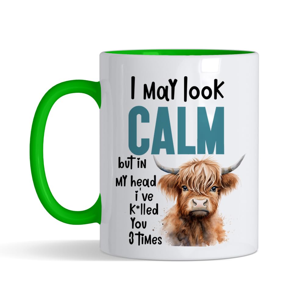 Funny Cow – “I May Look Calm But in My Head I’ve K*illed You 3 Times” – Animal Humor Gifts for Friends, Cow Lovers, Men, Women, Inside Coloured Mug,Ceramic Coffee, Tea Mug. (Green) — image 1