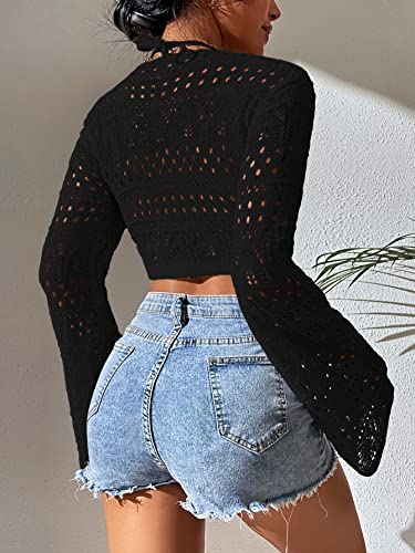 SOLY HUX Women's Deep V Neck Tie Front Hollow Out Long Sleeve Beach Swimsuit Bikini Cover Up Top2