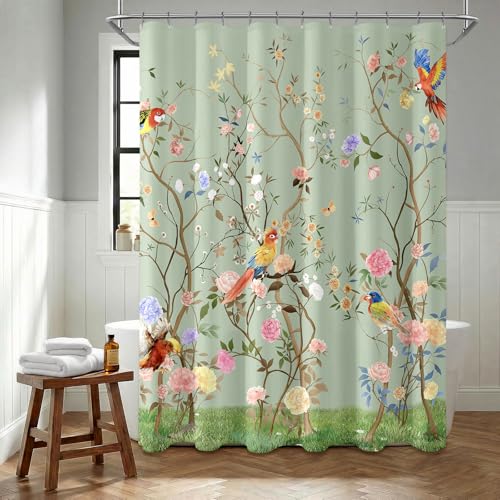 NDDYCU Duschvorhang Grün 180x200, Anti Schimmel Duschvorhang Badewanne Blumen, Textil Stoff Shower Curtain Bunt Vogel Motiv mit 12 Haken 183x198 cm