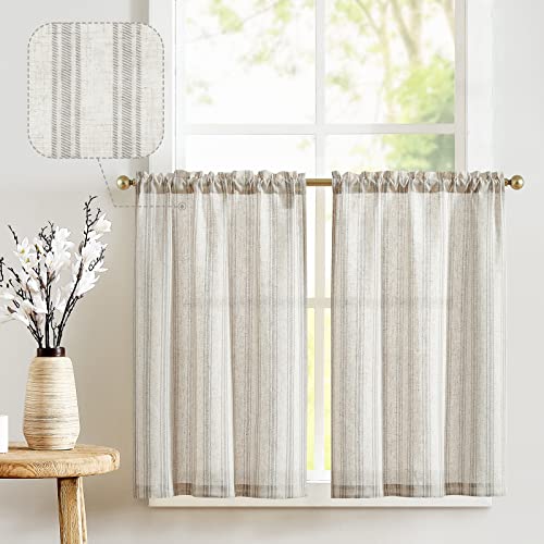 jinchan Gray Striped Linen Kitchen Curtains 36 Inch Cafe Tier Curtains Balanced Stripe Farmhouse Small Drapes for Bathroom Laundry Over Sink Half Wind