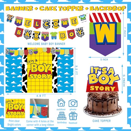 Party Inspo Cartoon Toy Baby Shower Decorations for Boys, Blue Toy Inspired Story It’s A Boy Story Supplies, Backdrop Balloon Garland Banner Tablecloth Cake Topper Tableware Plates Napkins Forks
