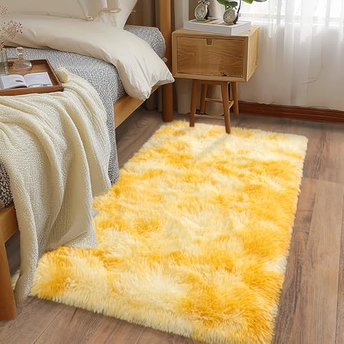 Ailyei Soft Runner Rugs for Bedroom Hallways, 2x4 Tie-Dyed Yellow Fluffy Shag Throw Area Rug Non Slip for Bedside Dorm, Long Shaggy Furry Carpet for Nursery Living Room