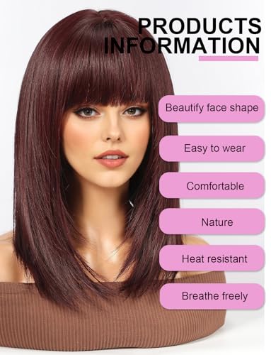 WOKESTAR Staright Wig with Fringe Synthetic Mid-length Layered Wigs for Women Wine Red Color, 22 tum - Image 4