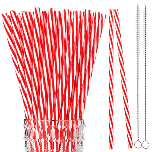 Vesici 9 Inch Striped Straws Reusable Plastic Straws with Cleaning Brush Red Striped Hard Drinking Straws Unbreakable Mason Jar Straws for Christmas Party Decoration Supplies (Red and White,50 Pcs)