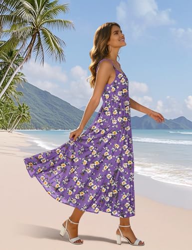 Image of YESNO Summer Bohemian Floral Dresses for Women Spaghetti Straps Maxi Dress Casual Flowy Dresses with Pockets ES0