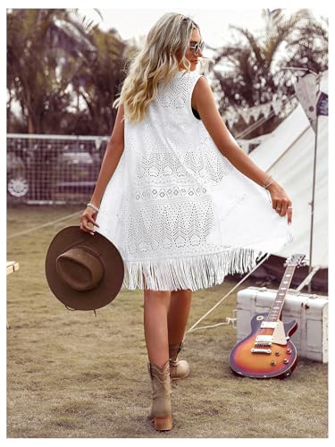 Image of MakeMeChic Women's Fringe Vest Sleeveless Crochet Open Front Vintage Western Sweaters Cowboy Cardigan