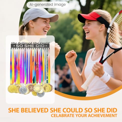 Image of Medal Holder Display Trophy Shelf Organizer, Sturdy Wooden Race Award Hanger Rack with 25 Steel Hooks, Wall Mount Storage Stand for Sports Fans, Cheer Success